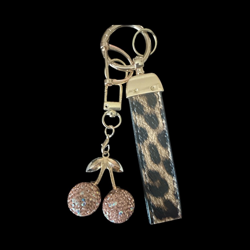 Leopard Print Keychain  bag charm with Cherry baby pink sparkly rhinestone
